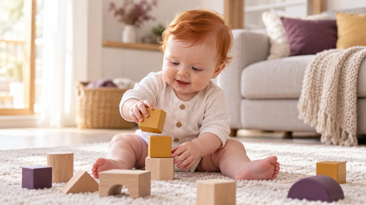 Bebê de cerca de 7 meses sentado no tapete, brincando com blocos coloridos