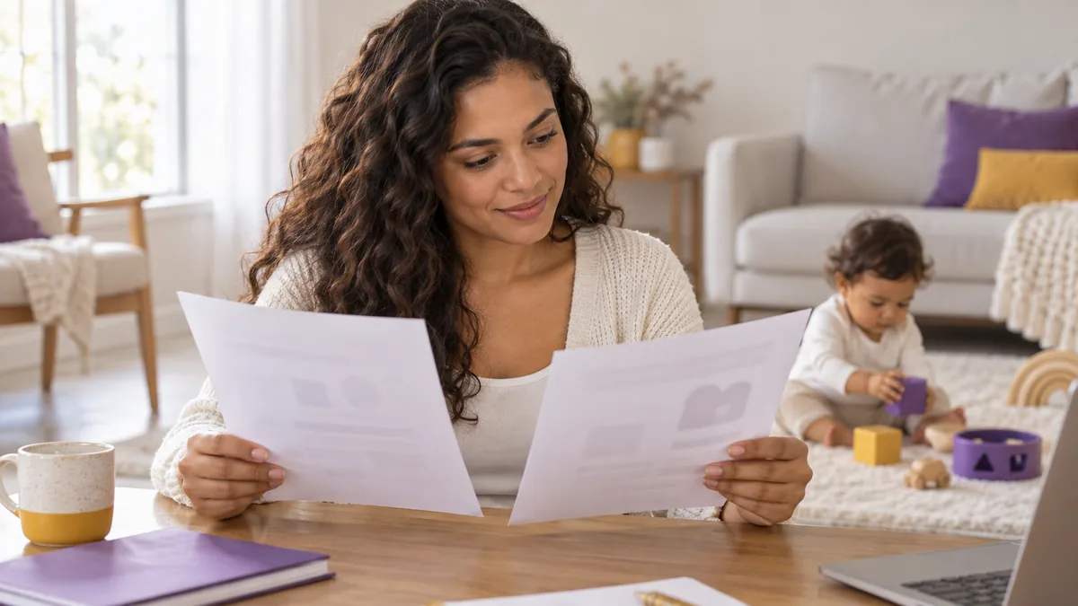 Mãe comparando orçamentos impressos na mesa da sala, com o bebê brincando no tapete ao fundo