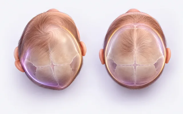 Ilustração da cabeça de um bebê vista de cima, com um lado da nuca achatado