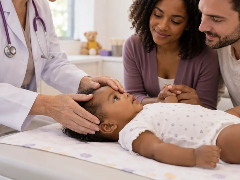 Pediatra examinando com as mãos a cabeça de um bebê deitado na maca