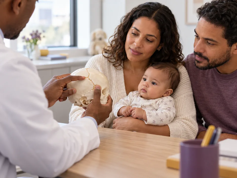 Neurocirurgião pediátrico mostrando aos pais um modelo do crânio do bebê com as suturas