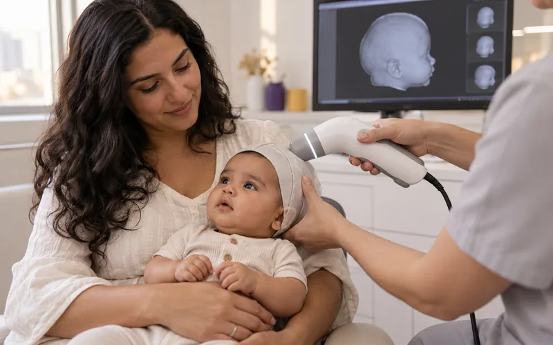 Bebê no colo da mãe durante um escaneamento 3D da cabeça