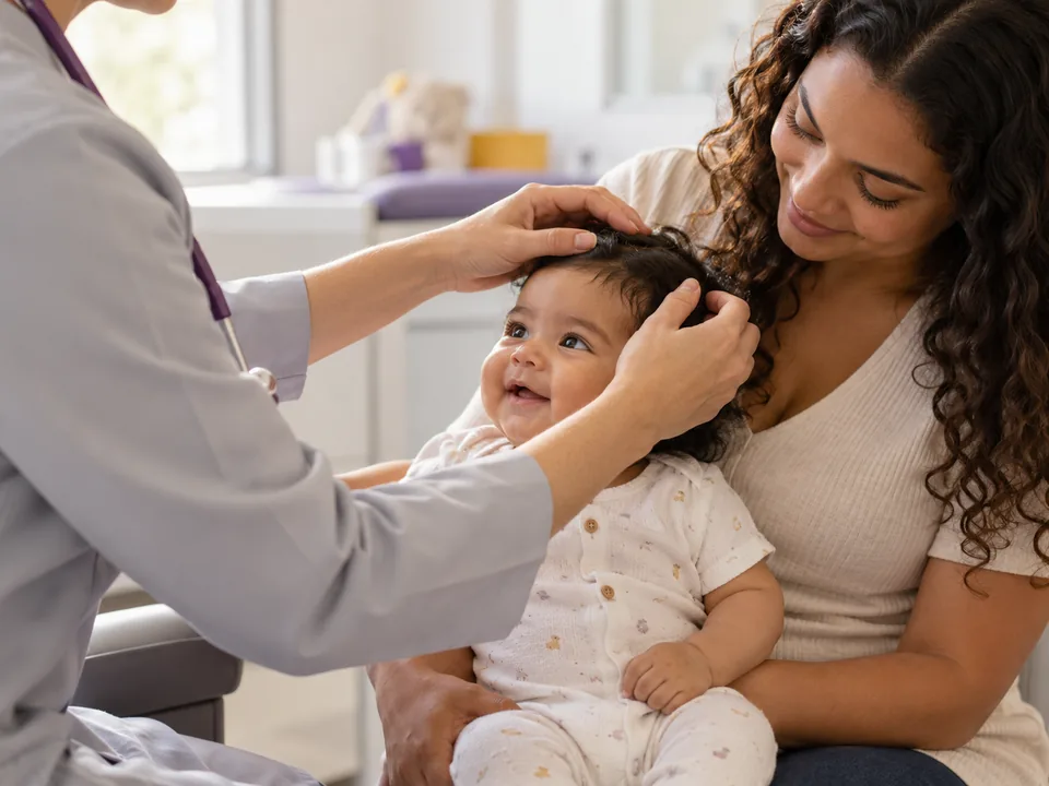 Pediatra examinando a cabeça de um bebê no colo da mãe