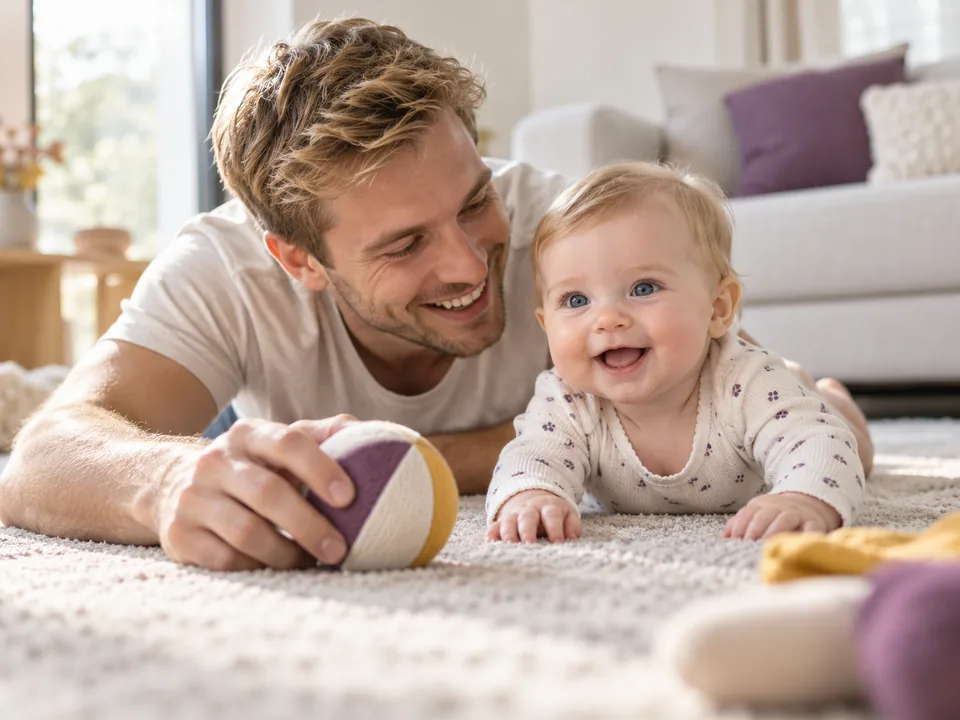 Pai brincando com o bebê de barriga para baixo no tapete da sala