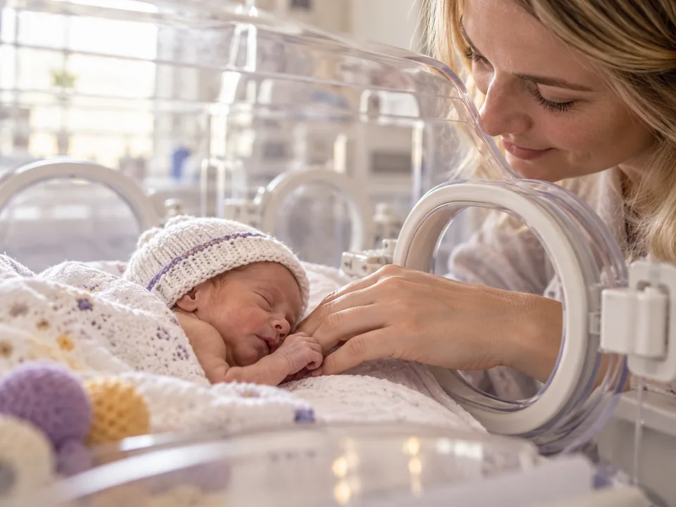 Bebê prematuro dormindo na incubadora da UTI neonatal, com a mão da mãe apoiada ao lado