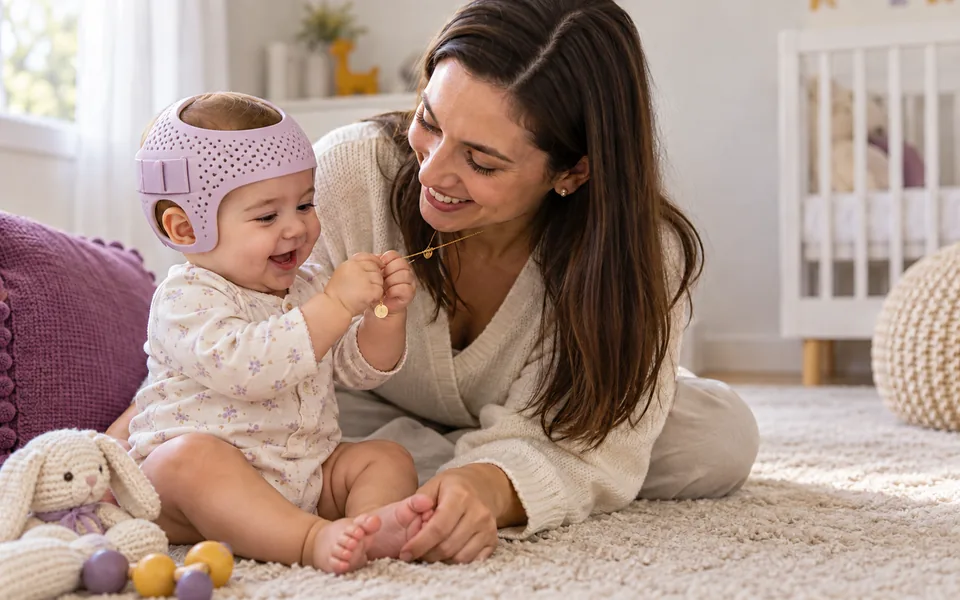 Bebê sorrindo usando órtese craniana, no colo da mãe
