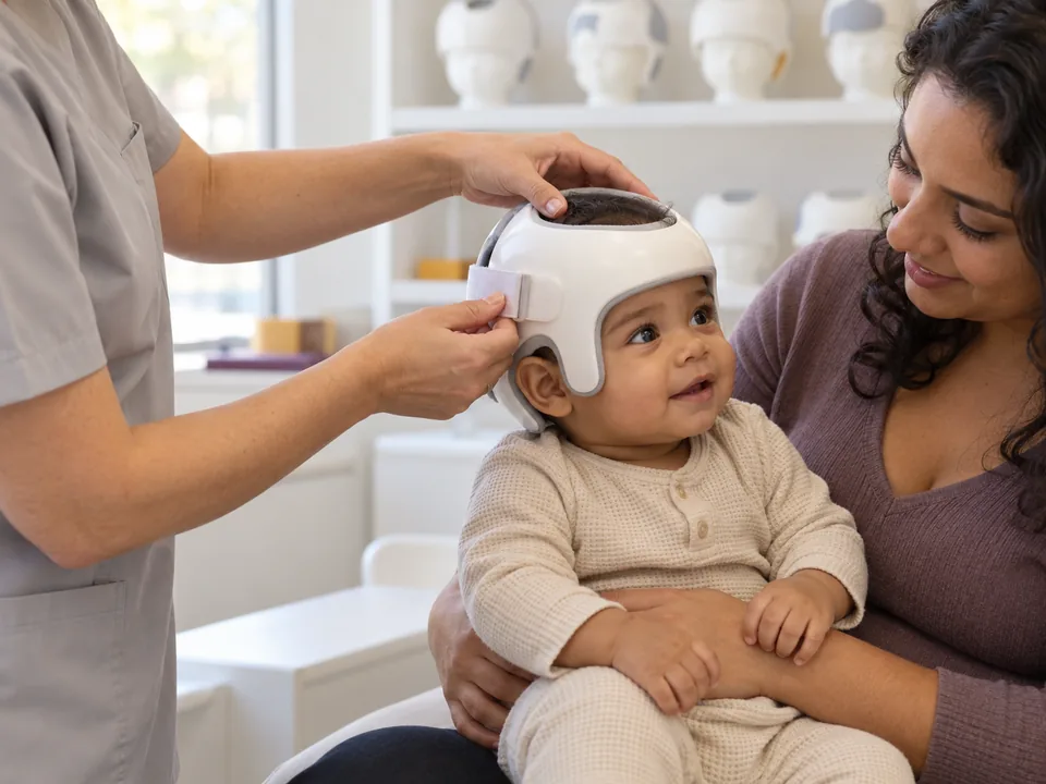 Profissional de clínica de órtese ajustando o capacete na cabeça de um bebê sentado no colo da mãe