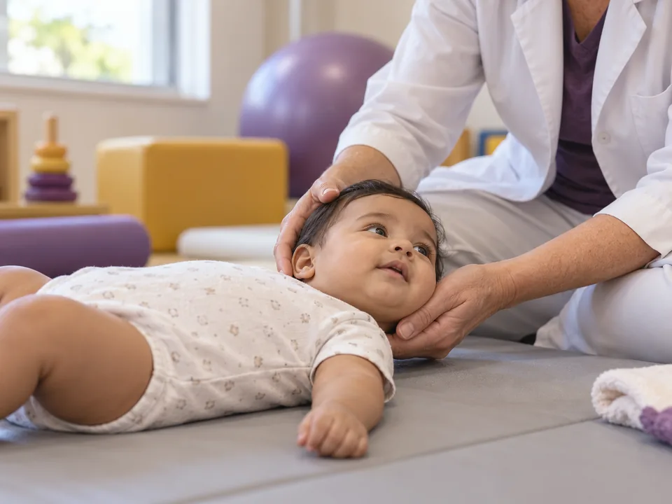 Fisioterapeuta pediátrica fazendo exercício de pescoço com bebê sobre o tatame