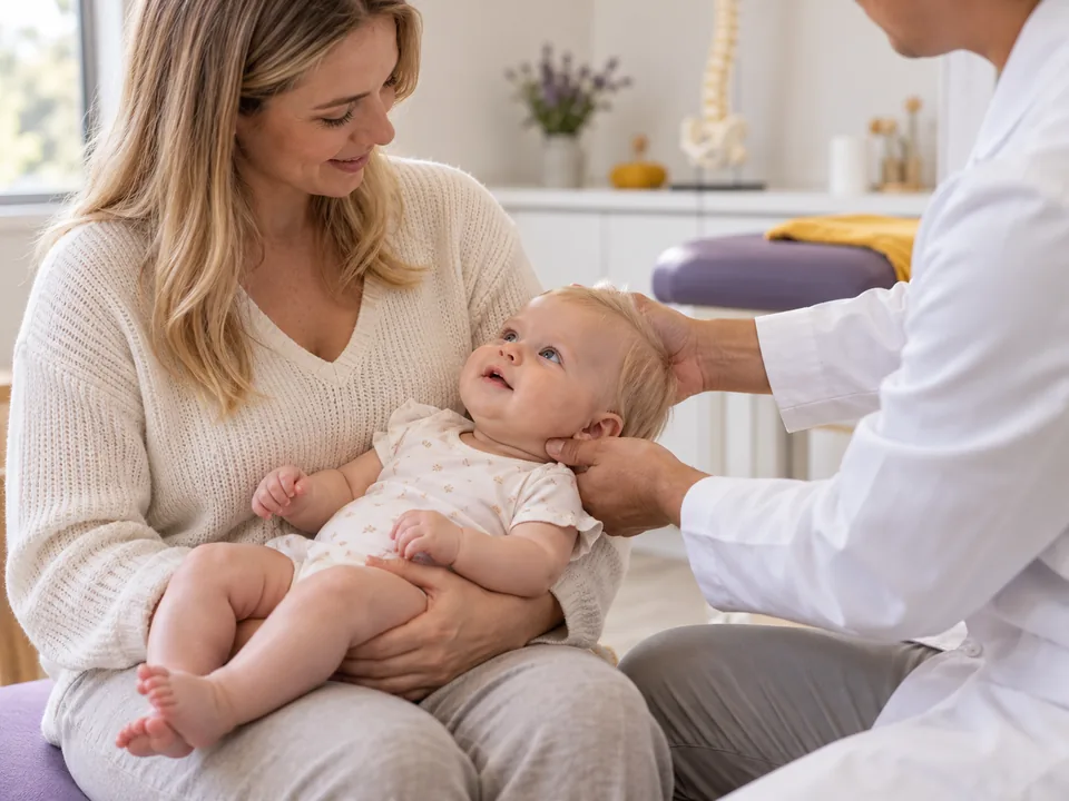 Mãe conversando com o osteopata durante a avaliação, com o bebê deitado no colo