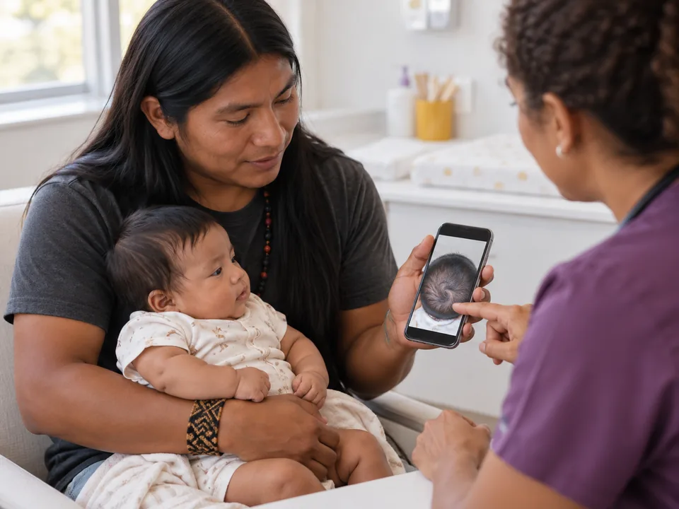 Pai mostrando no celular fotos da cabeça do bebê para a pediatra durante a consulta