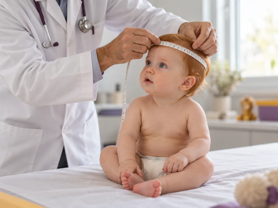 Pediatra medindo o perímetro da cabeça de um bebê com fita durante a consulta de rotina