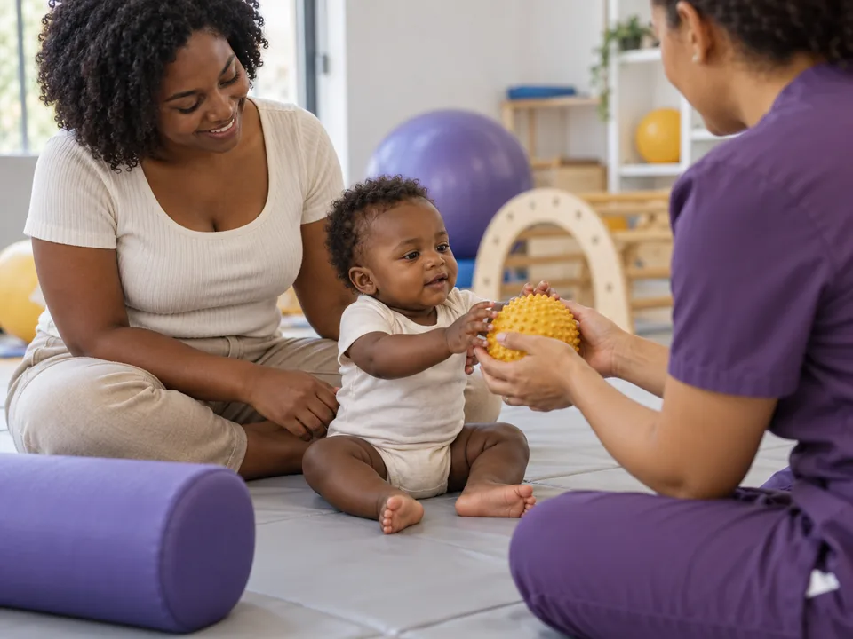 Mãe conversando com fisioterapeuta durante a avaliação do bebê
