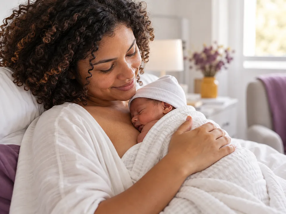 Mãe segurando no colo um bebê prematuro com touca, em contato pele a pele
