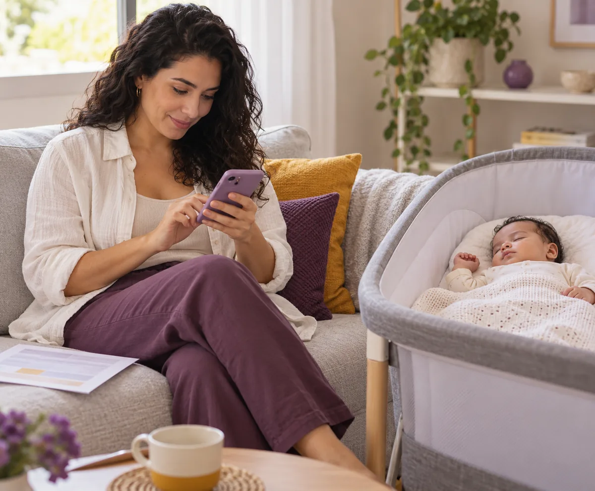Mãe usando o celular para fazer um cálculo, com o laudo da consulta e o bebê dormindo ao lado
