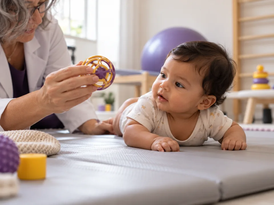 Fisioterapeuta pediátrica brincando com um bebê deitado no tatame, estimulando-o a virar a cabeça para um brinquedo