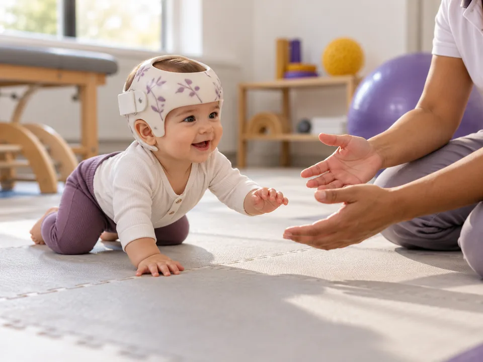 Bebê usando órtese craniana engatinhando no tatame em direção à fisioterapeuta
