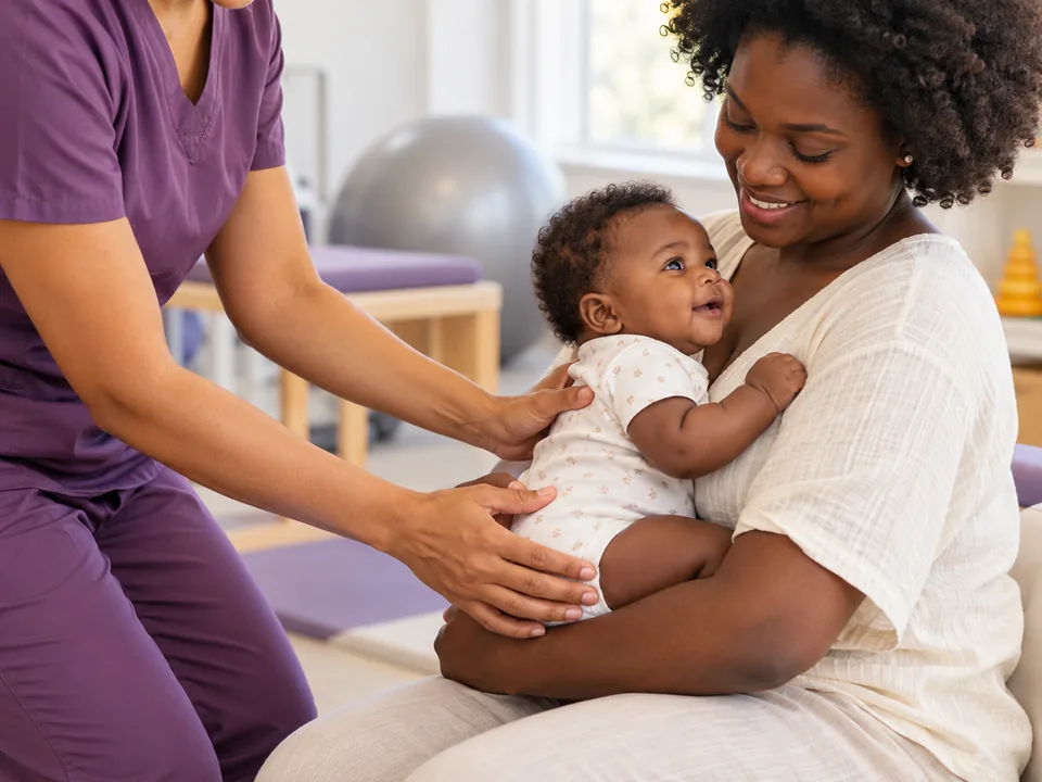 Mãe aprendendo com a fisioterapeuta a posicionar o bebê no colo para estimular o lado mais difícil