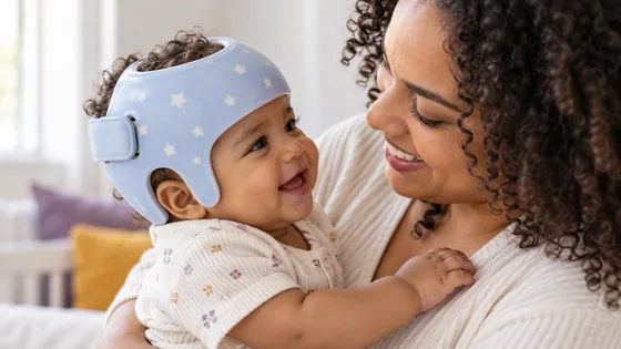 Bebê usando órtese craniana no colo da mãe