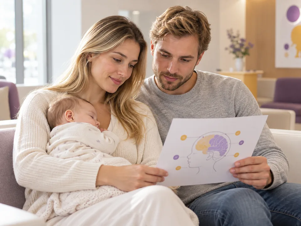 Pai e mãe lendo o laudo da consulta, com as medidas da cabeça do bebê destacadas