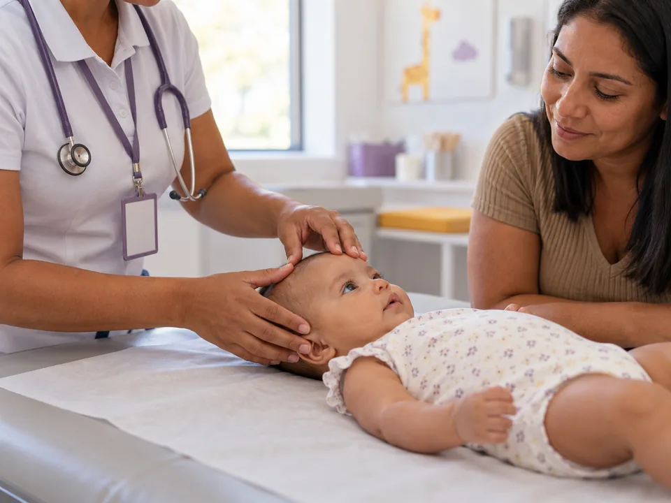 Pediatra conversando com a mãe enquanto examina a cabeça do bebê deitado na maca