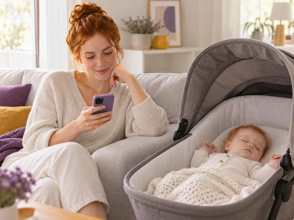 Mãe consultando no celular o registro de um profissional de saúde, com o bebê dormindo no carrinho ao lado