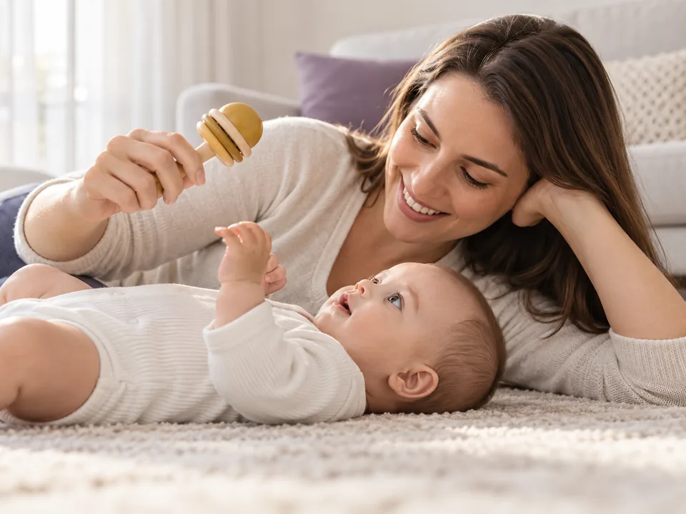 Mãe chamando a atenção do bebê deitado com um brinquedo colorido do lado esquerdo
