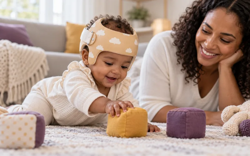 Bebê com órtese craniana brincando no tapete