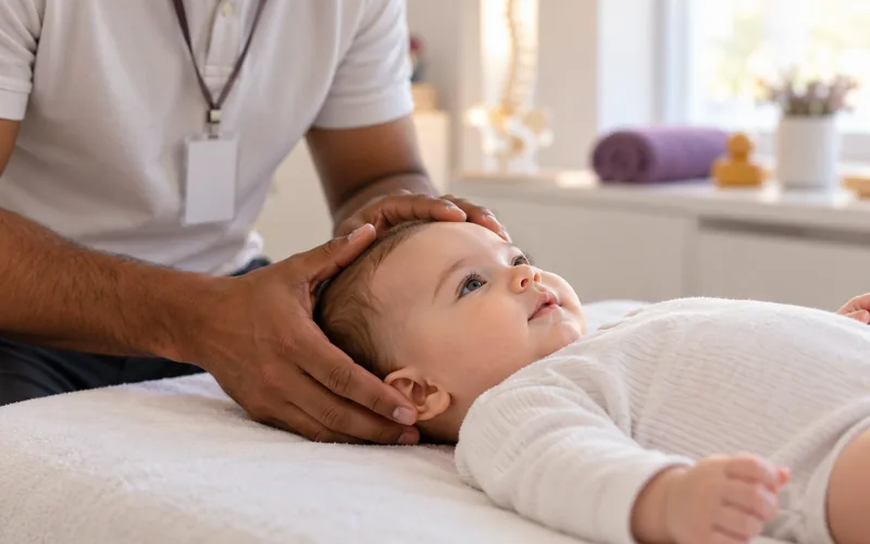 Osteopata com as mãos apoiadas suavemente na cabeça de um bebê