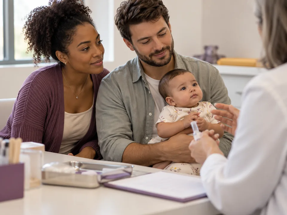 Mãe e pai conversando com uma profissional de saúde sobre o tratamento, com o bebê no colo
